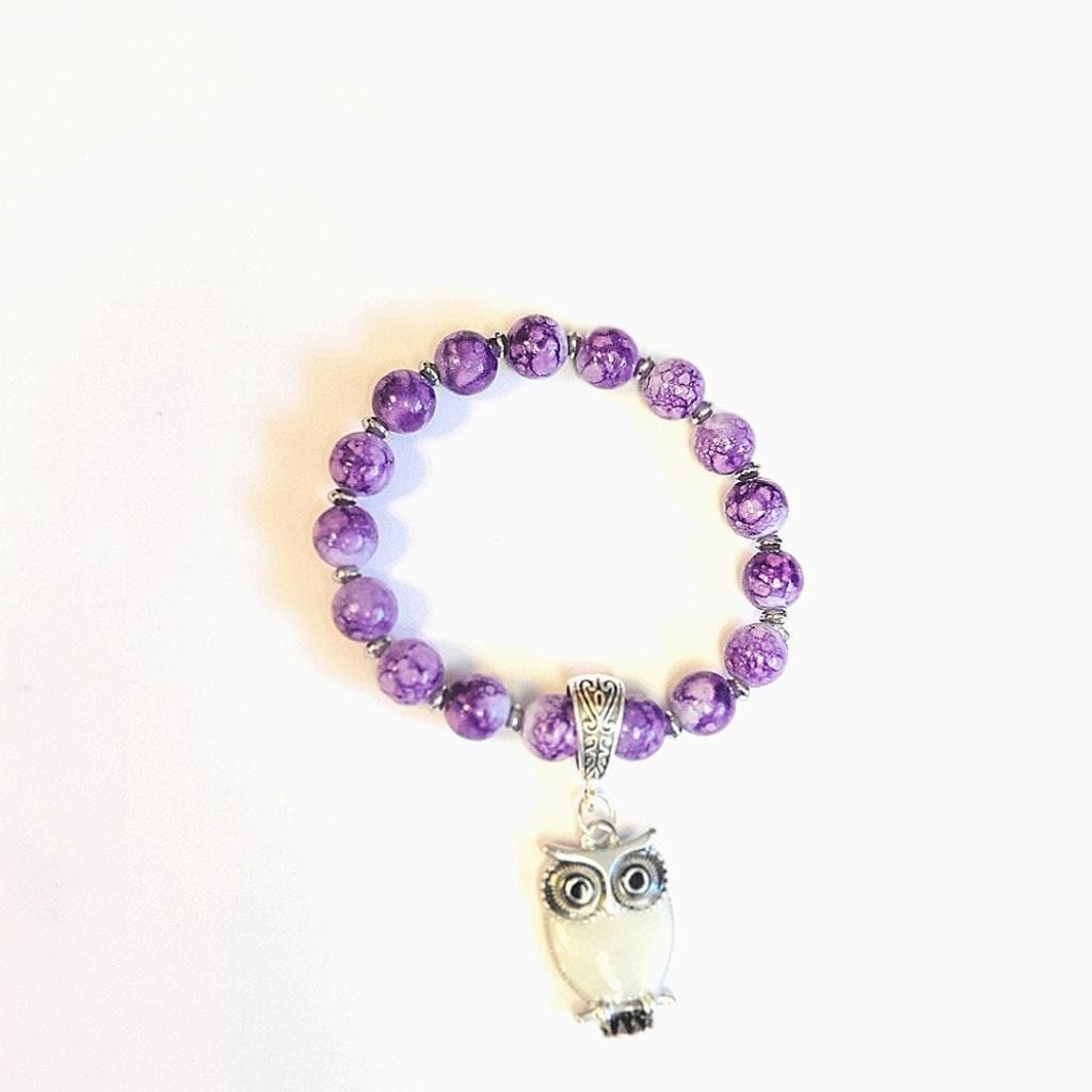 Purple Snowflake Beaded Silver Owl Charm 7" Stretch Bracelet