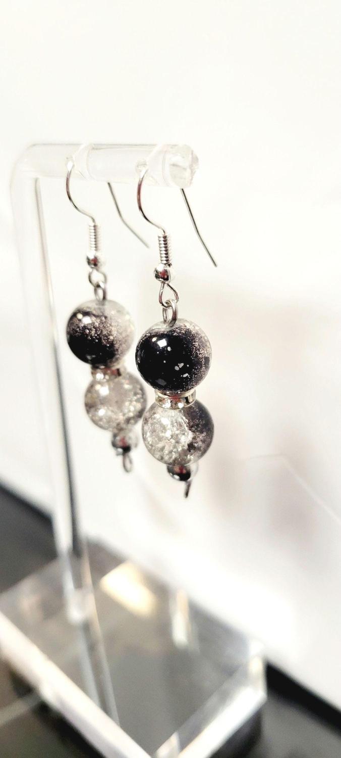 Black & clear glass bead  hook drop pierced earrings, gift