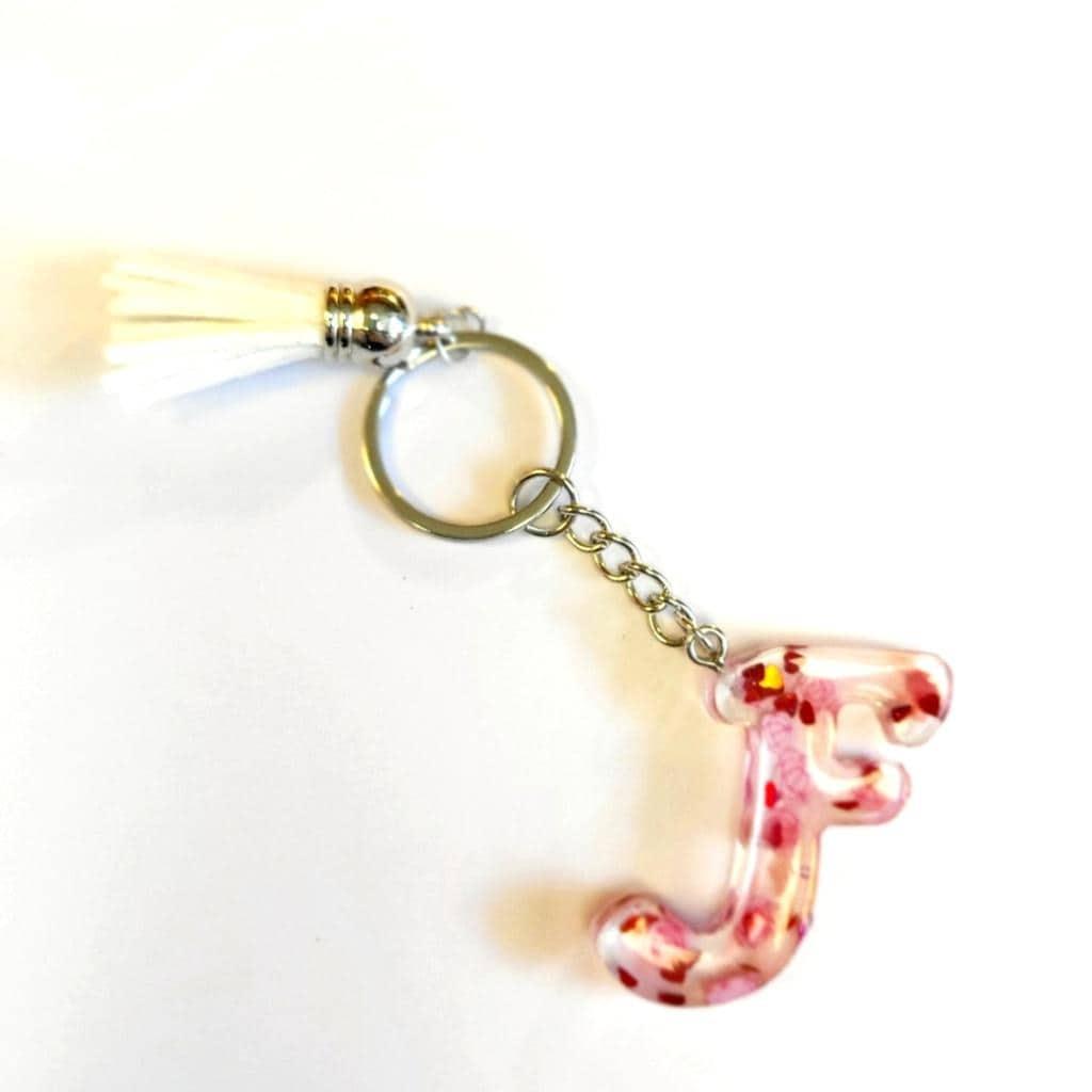 Personalizd 1.5" Resin Letter F Pink Floral & Heart Keychain with Tassel