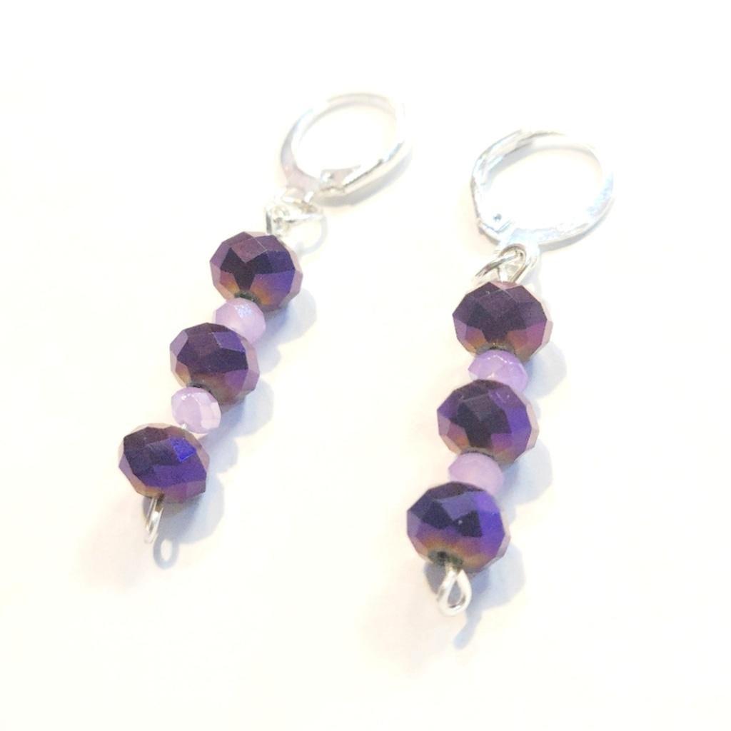 Purple Metallic & Lilac Faceted Beaded Dangle Drop Earrings 925 Stamped