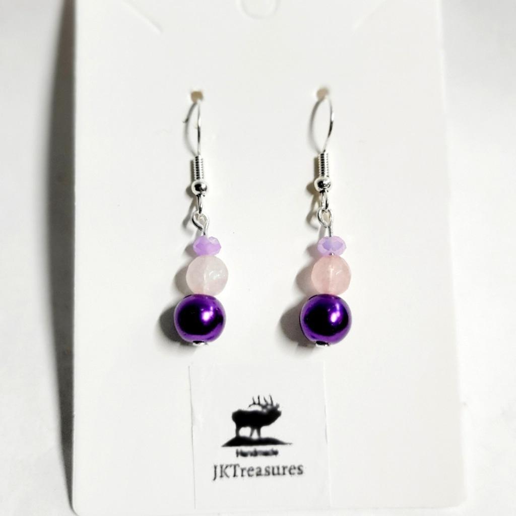 Hand crafted lilac & rose quartz purple glass bead dangle earrings