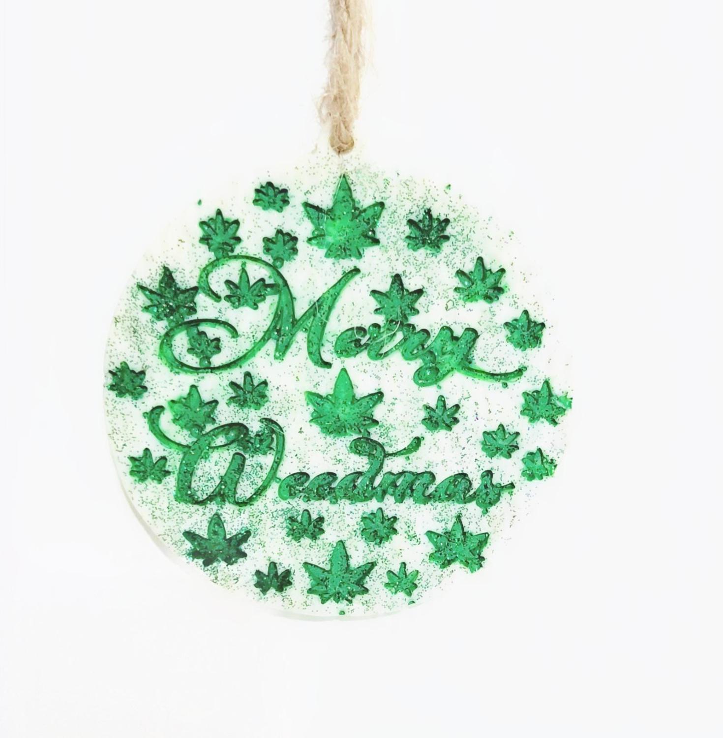 Green and White Hand Crafted Merry Weedmas Holiday Ornament