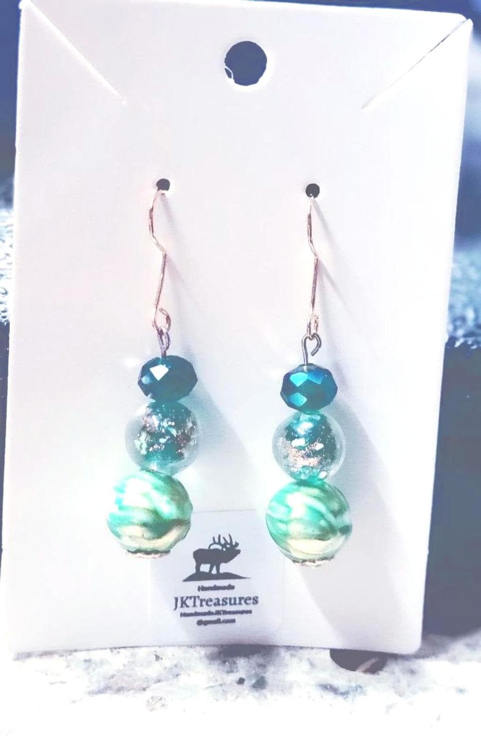 Hand crafted multi-color green glass beads gold toned hook earrings