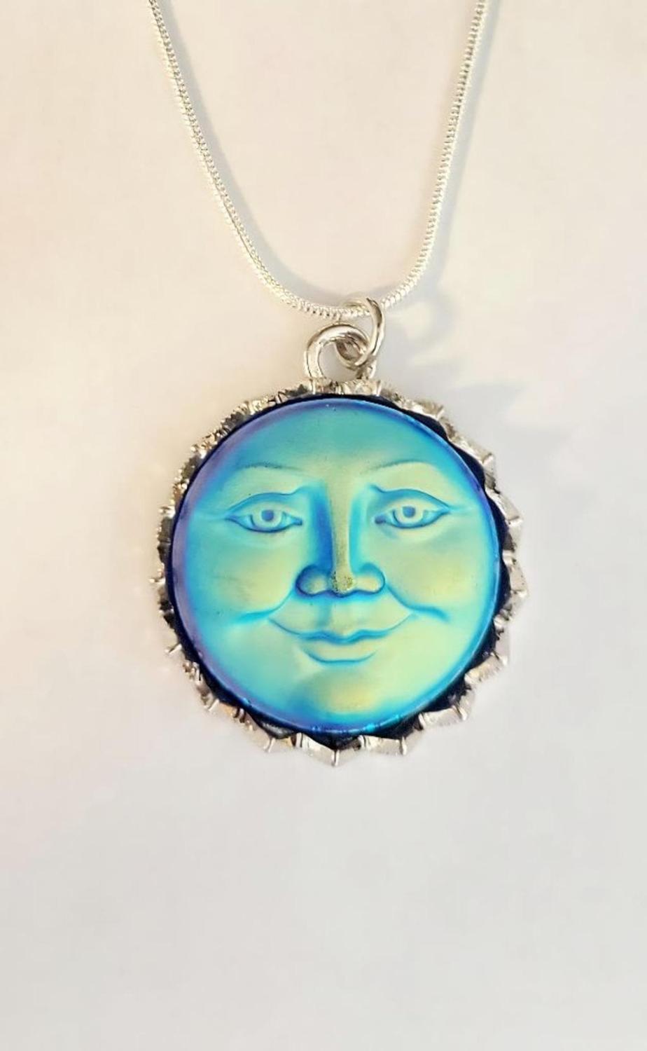 Iridescent Moon Face Necklace, Pearlescent Glass Pendant, Sterling Silver