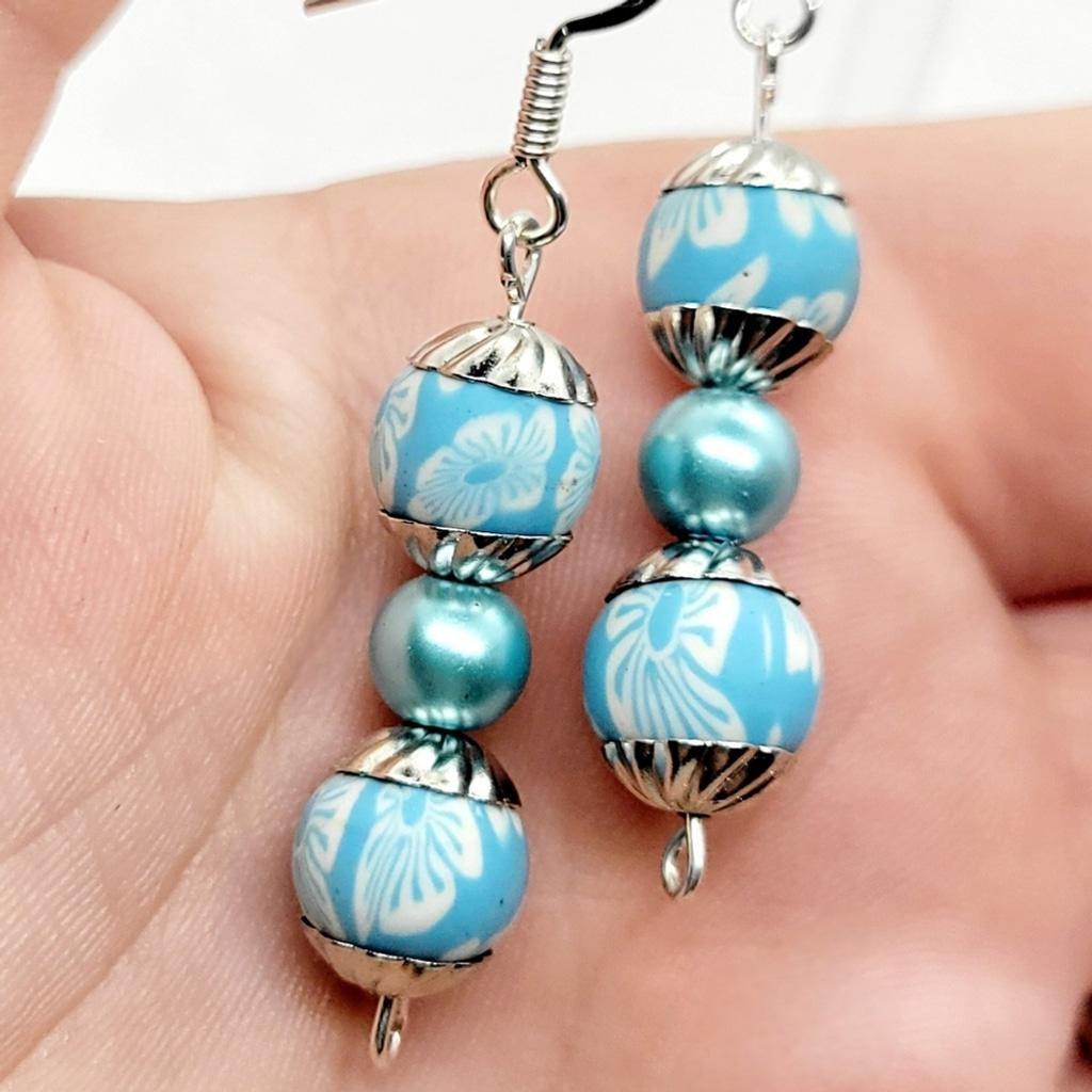 Blue & white dangle drop earrings handmade
