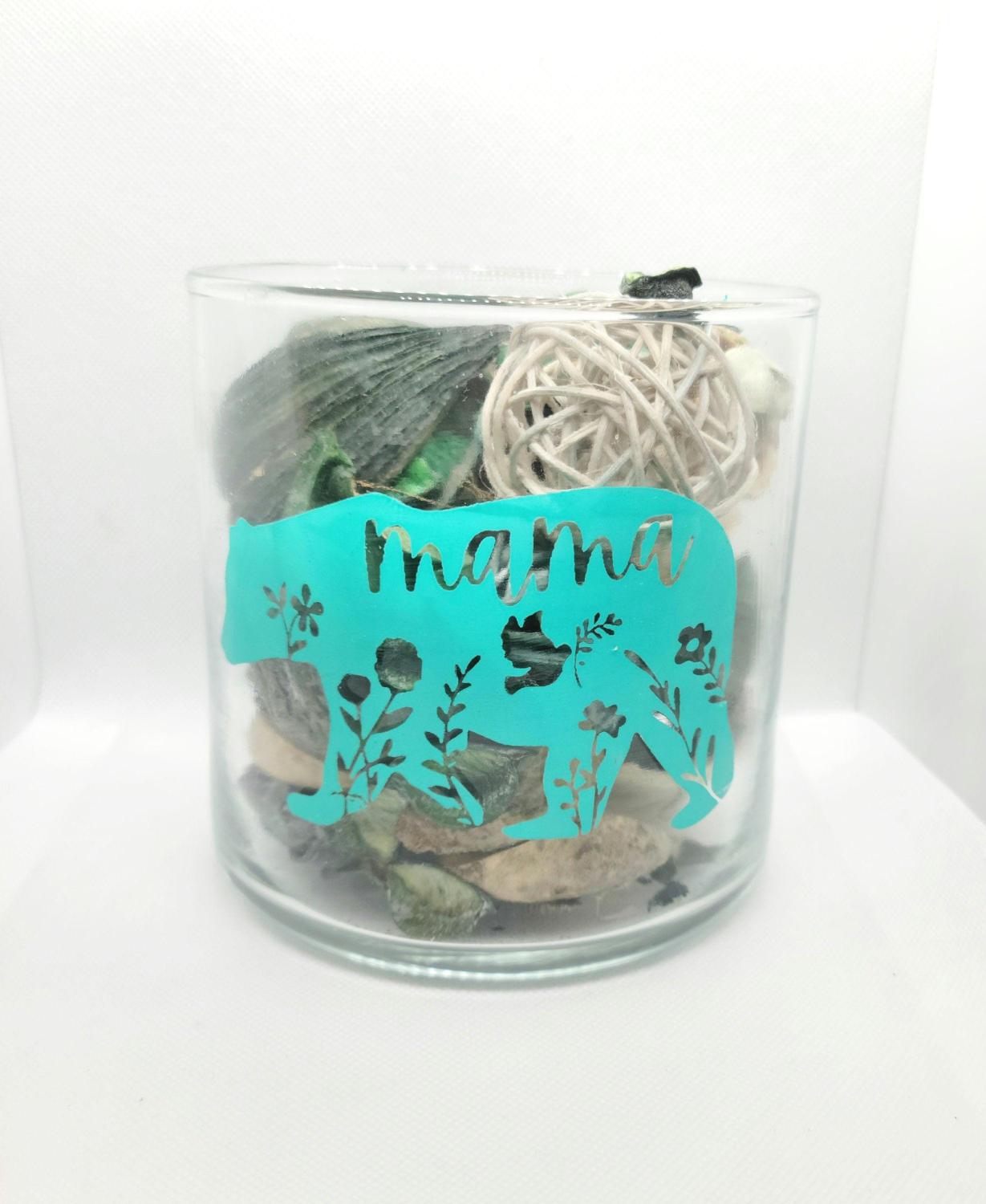 Handpainted Mama Bear Glass Candle Jar: Turquoise Bear Design