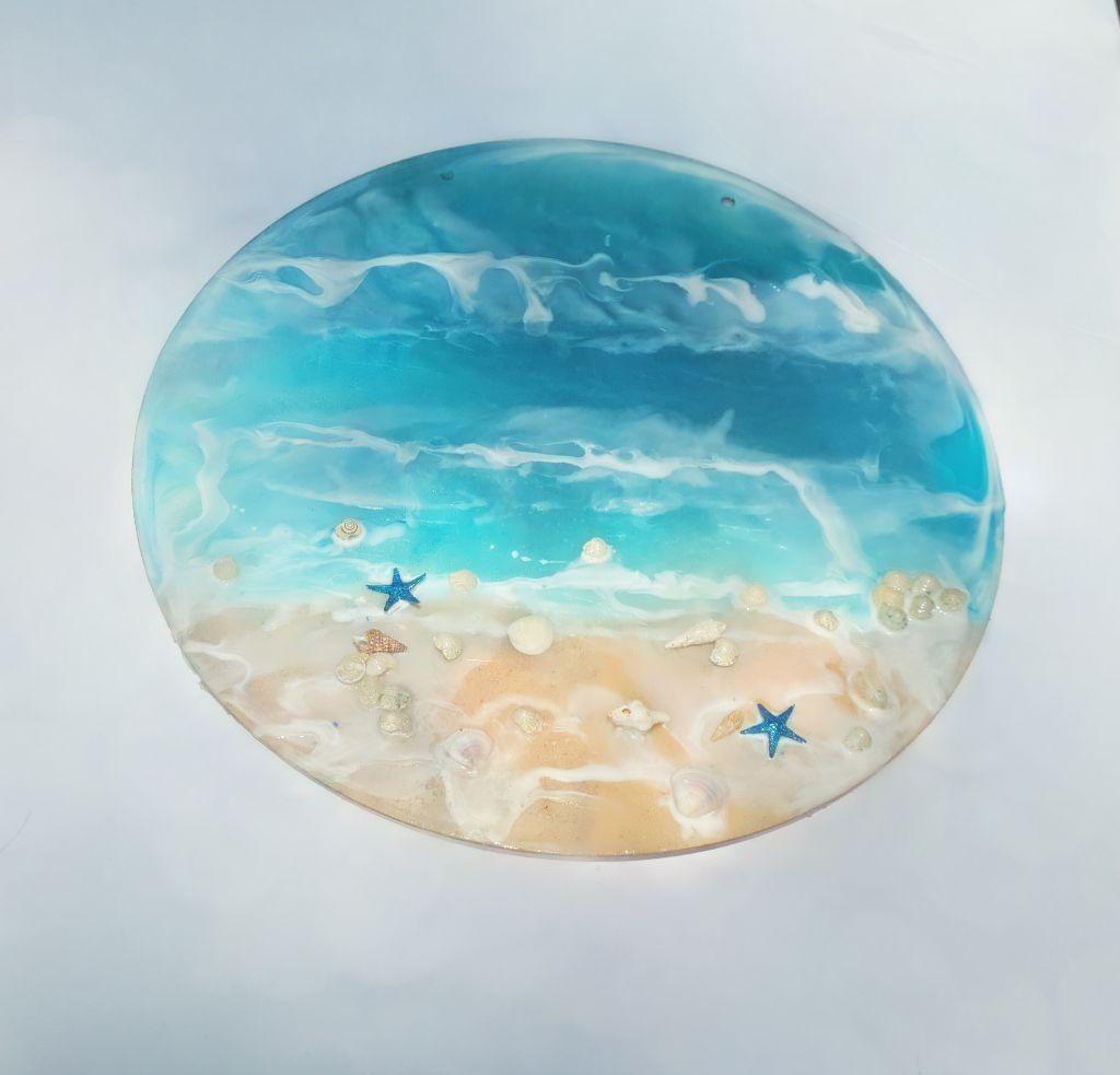 12" Resin Coastal beach ocean nautical scene wood disc
