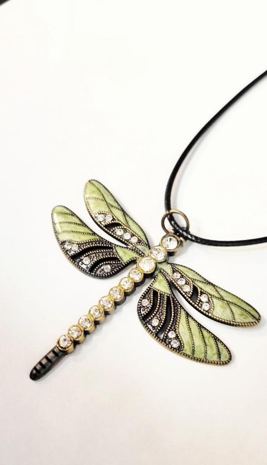 Green enamel & rhinestone dragonfly pendant Necklace