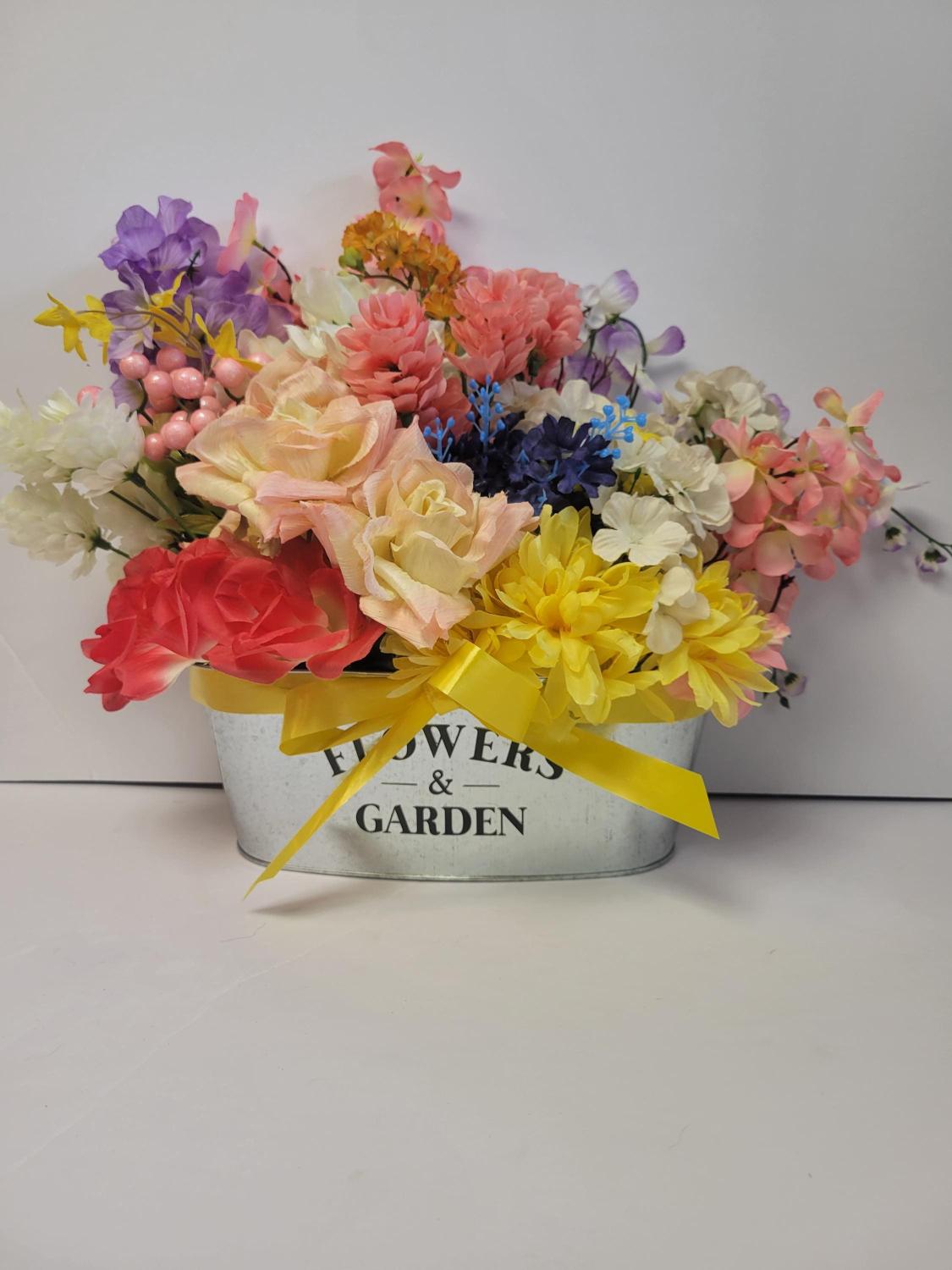Colorful Floral Arrangement in Metal Flowers & Garden Planter Hand Crafted