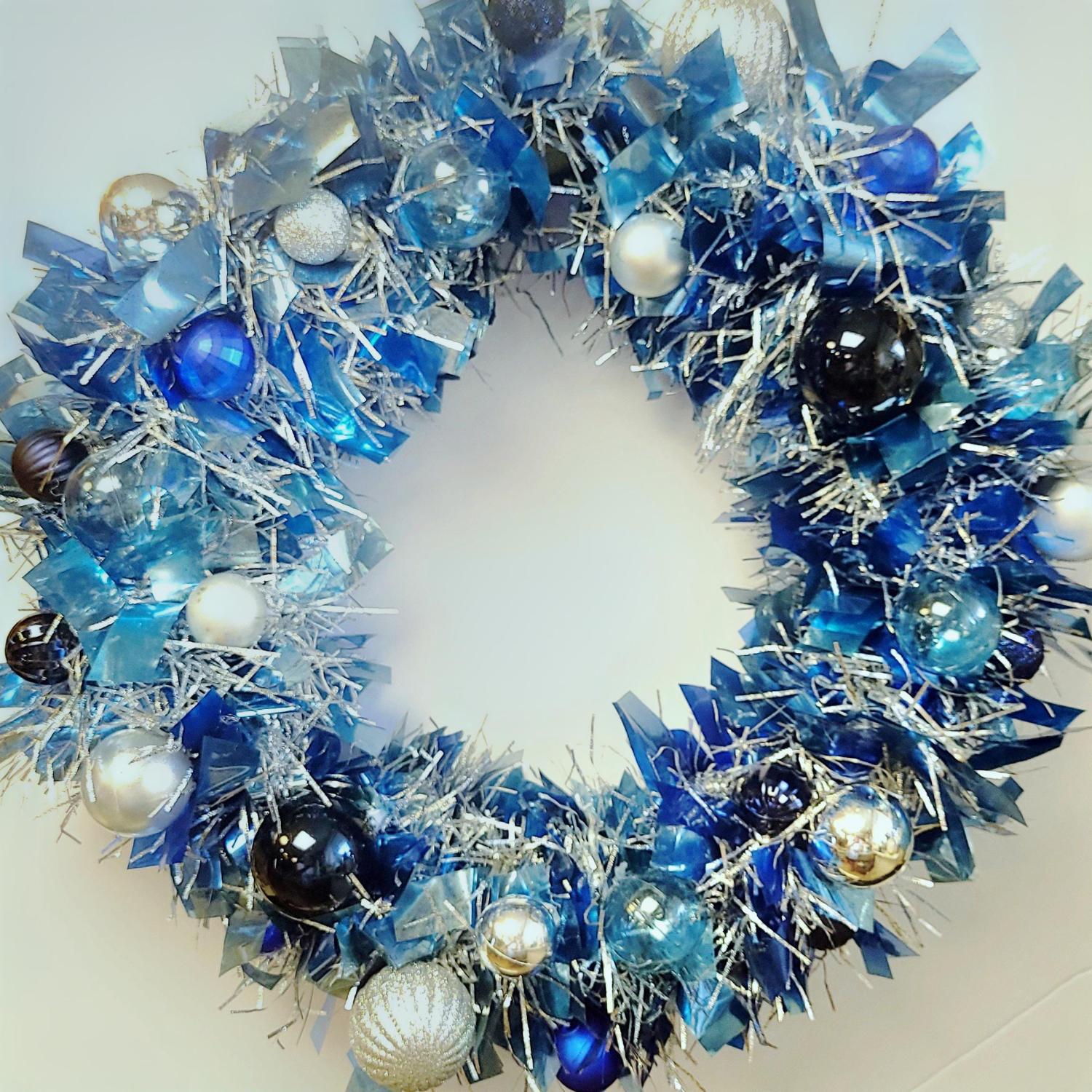 Icy Blue Christmas Wreath with Silver Ornaments - Lighted Door Decor