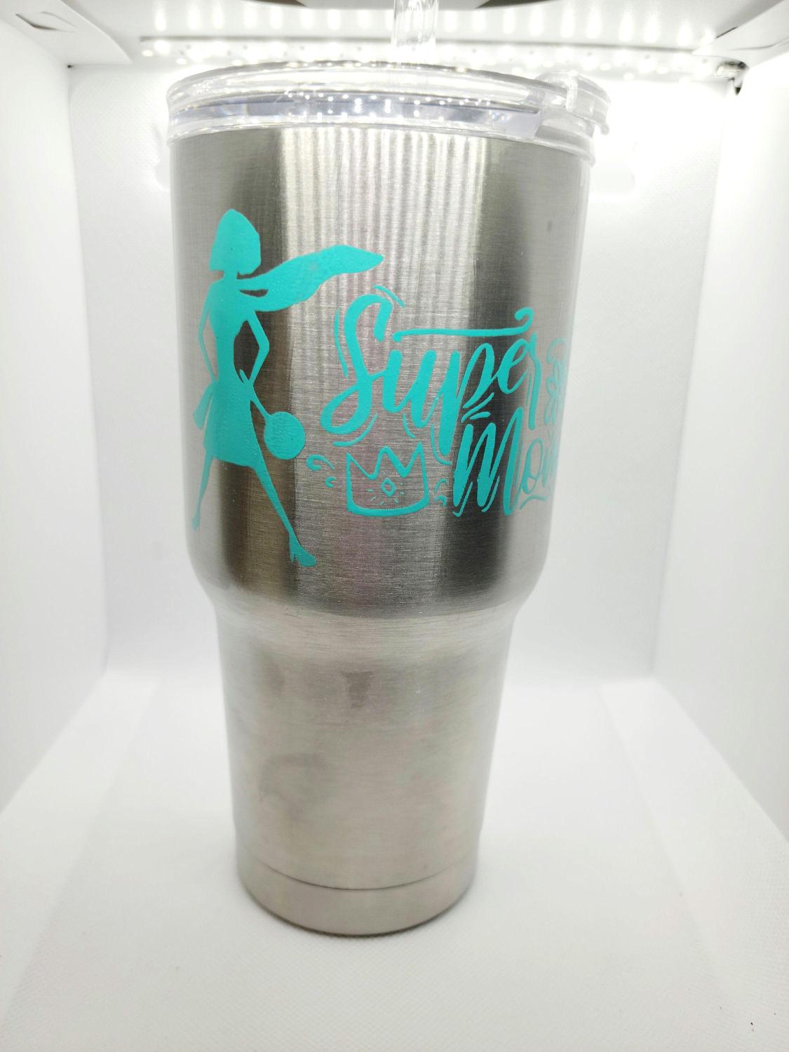 Handpainted Super Mom Stainless Steel Tumbler - Aqua 27 oz