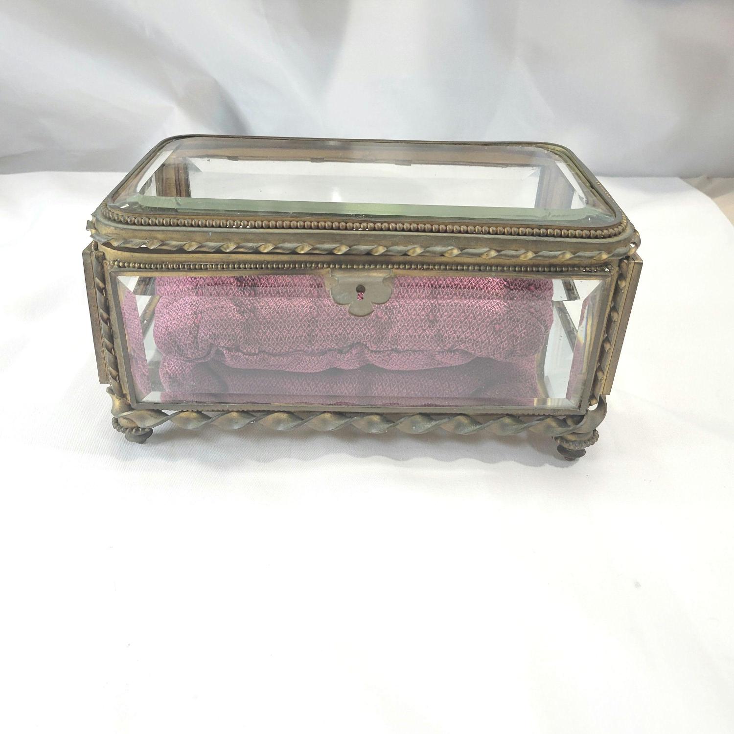 Antique French brass and glass footed jewelry box