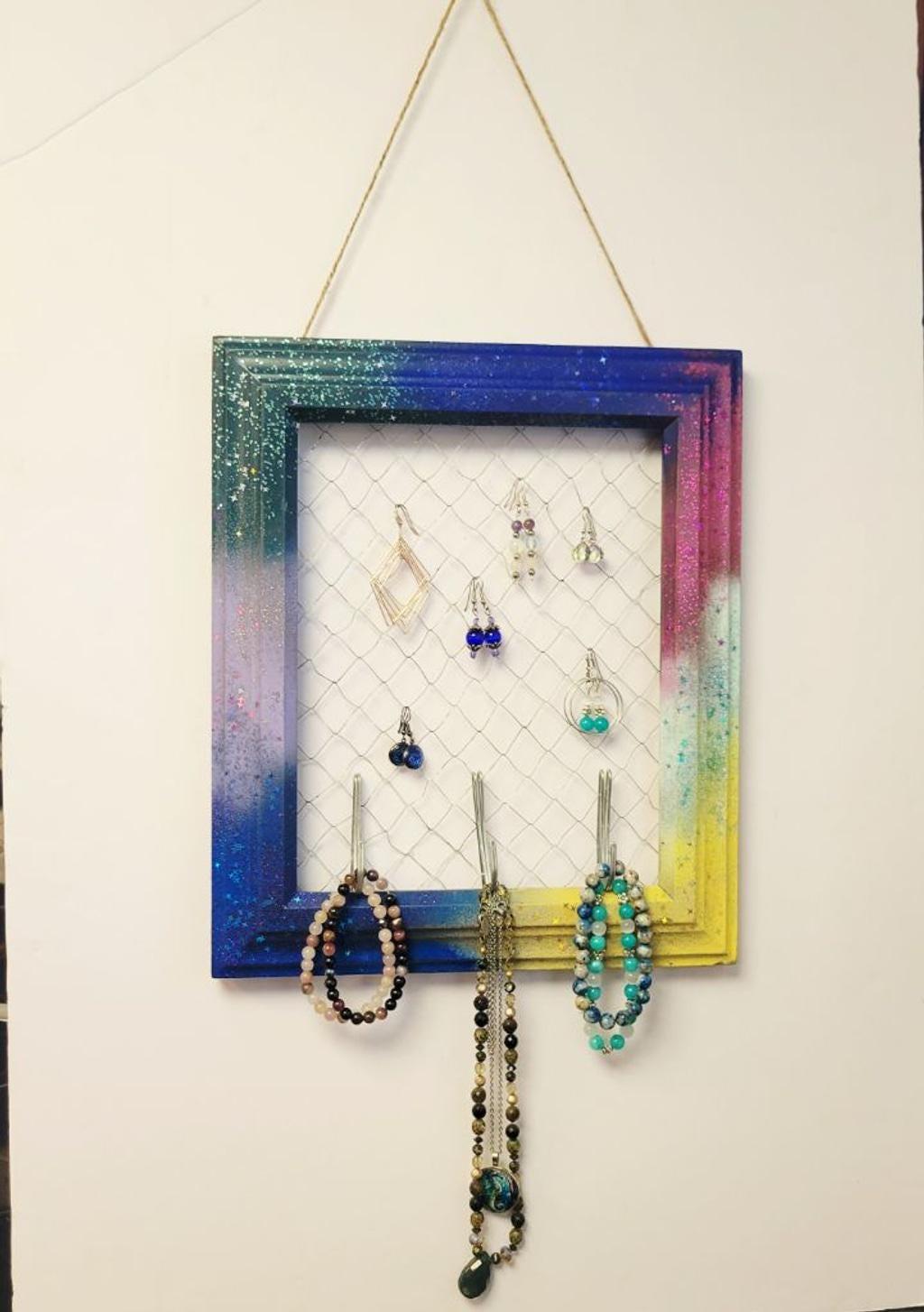 Upcycled photo frame jewelry organizer