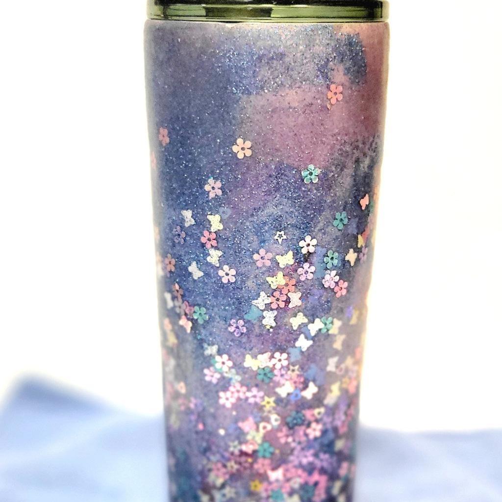 Hand Crafted Purple Glitter 30 Oz Tumbler Butterfly Floral Accents