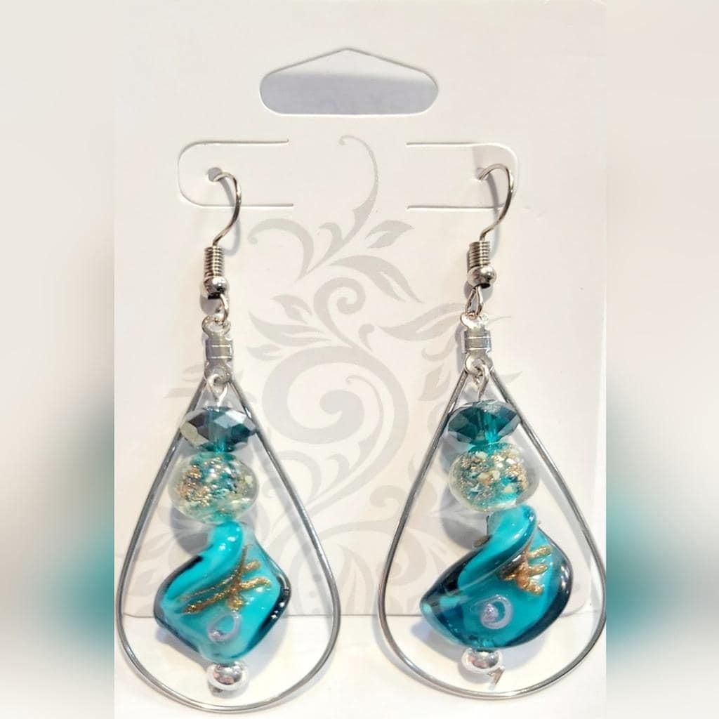 Twisted Teal, Gold, and Silver Drop Dangle Beaded Earrings